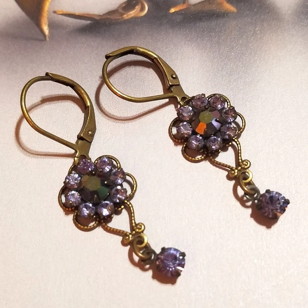 Vintage Filigree Purple and Black Crystal Dangle Earrings - Picture 2 of 6